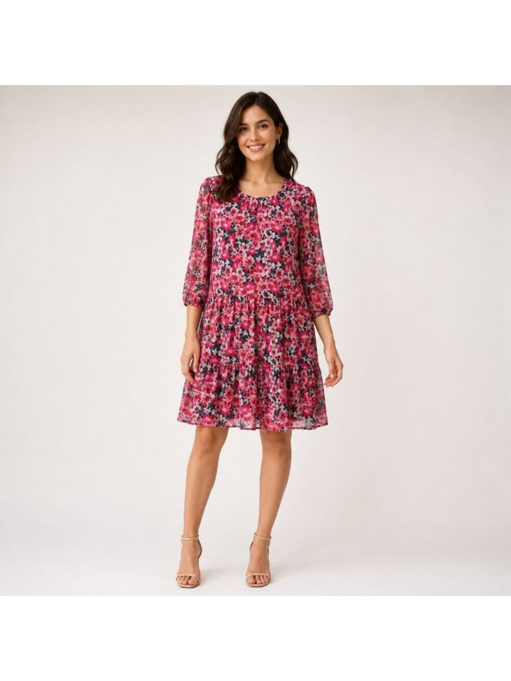 Morgan Taylor Women Pink Floral 3/4 Sleeve Tiered Dress Size M